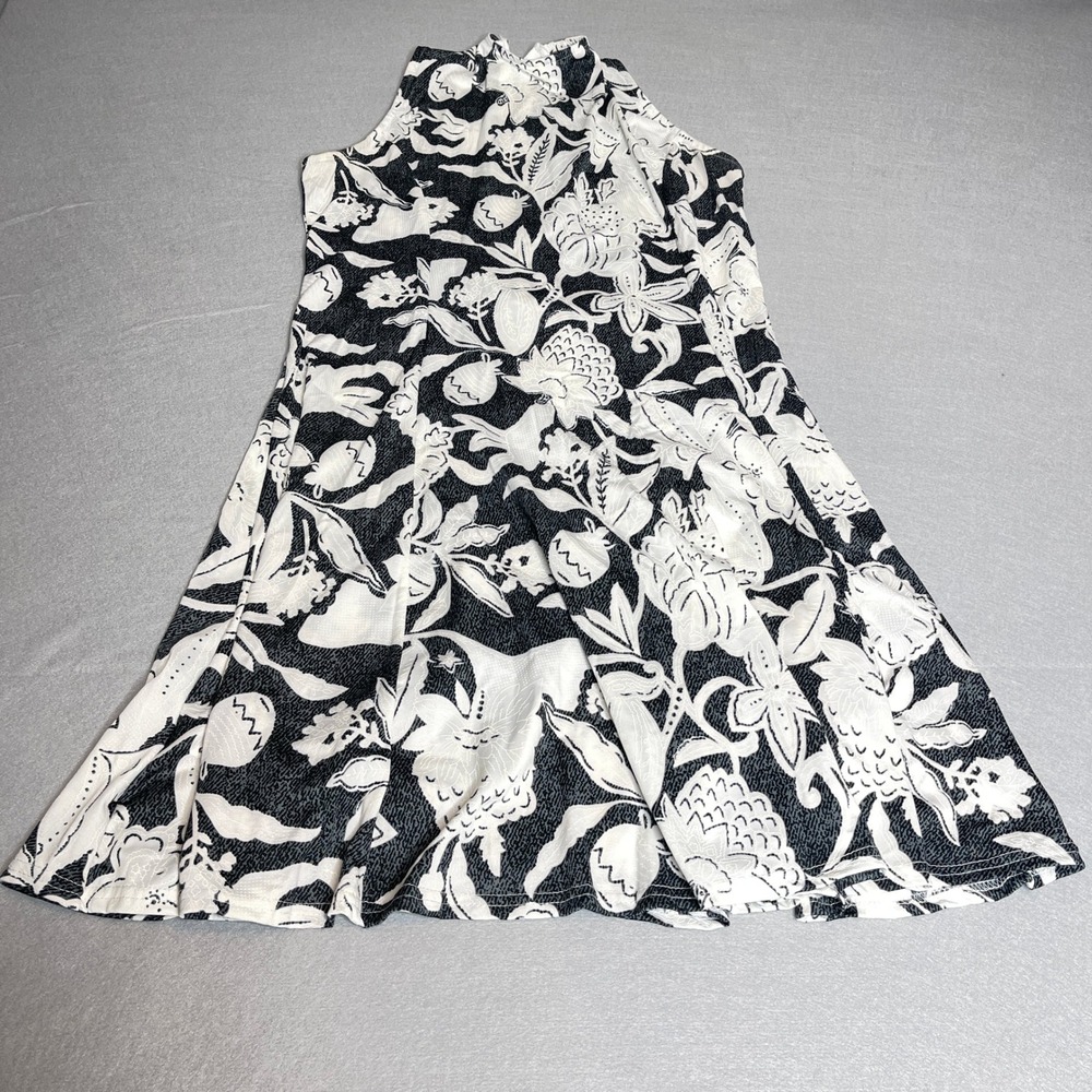 Shoreline Hawaiian Gray White Sleeveless Flowy‎ Dress Floral High Neck Small